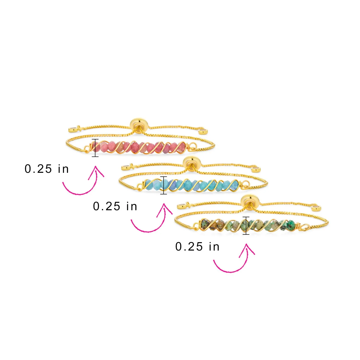 Set of 3 Pink Tourmaline, Aquamarine and Turquoise Bolo Bracelet Gold Plated