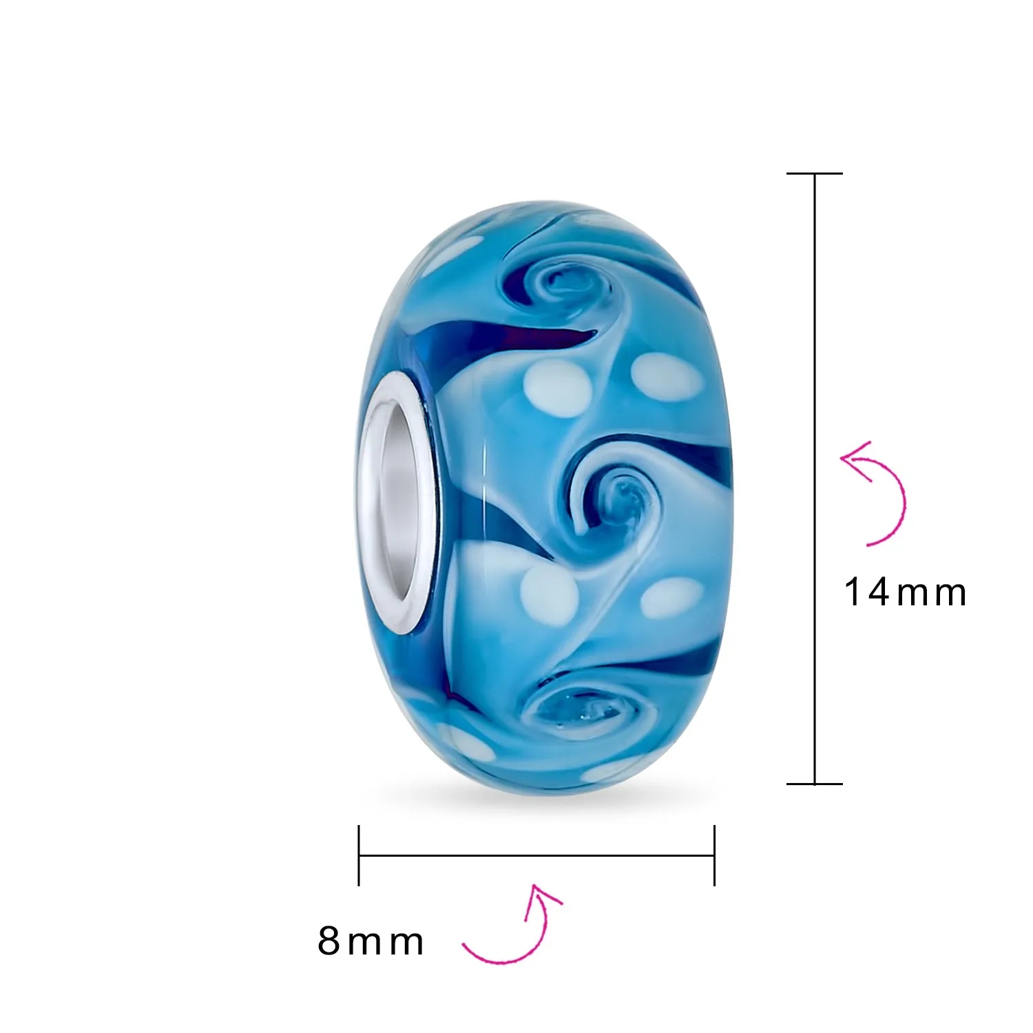 Set of 4 Murano Glass Charm Bead Blue Green Pink Aqua Swirl Spacer Silver Core