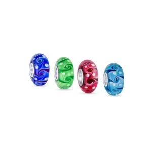 Set of 4 Murano Glass Charm Bead Blue Green Pink Aqua Swirl Spacer Silver Core