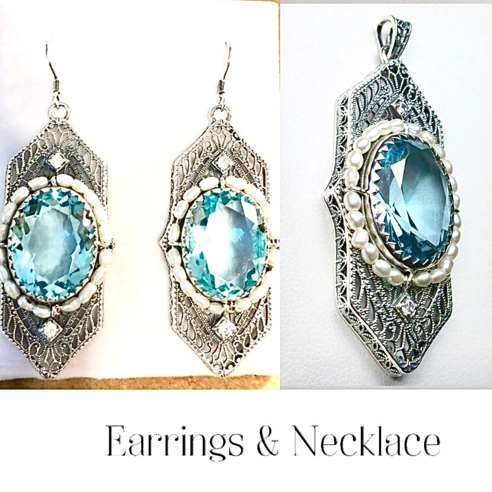 Sky Blue Jewelry Set, Oval Art Deco Set includes Ring, Earrings & Pendant #S156