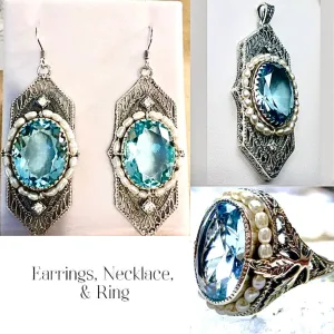 Sky Blue Jewelry Set, Oval Art Deco Set includes Ring, Earrings & Pendant #S156