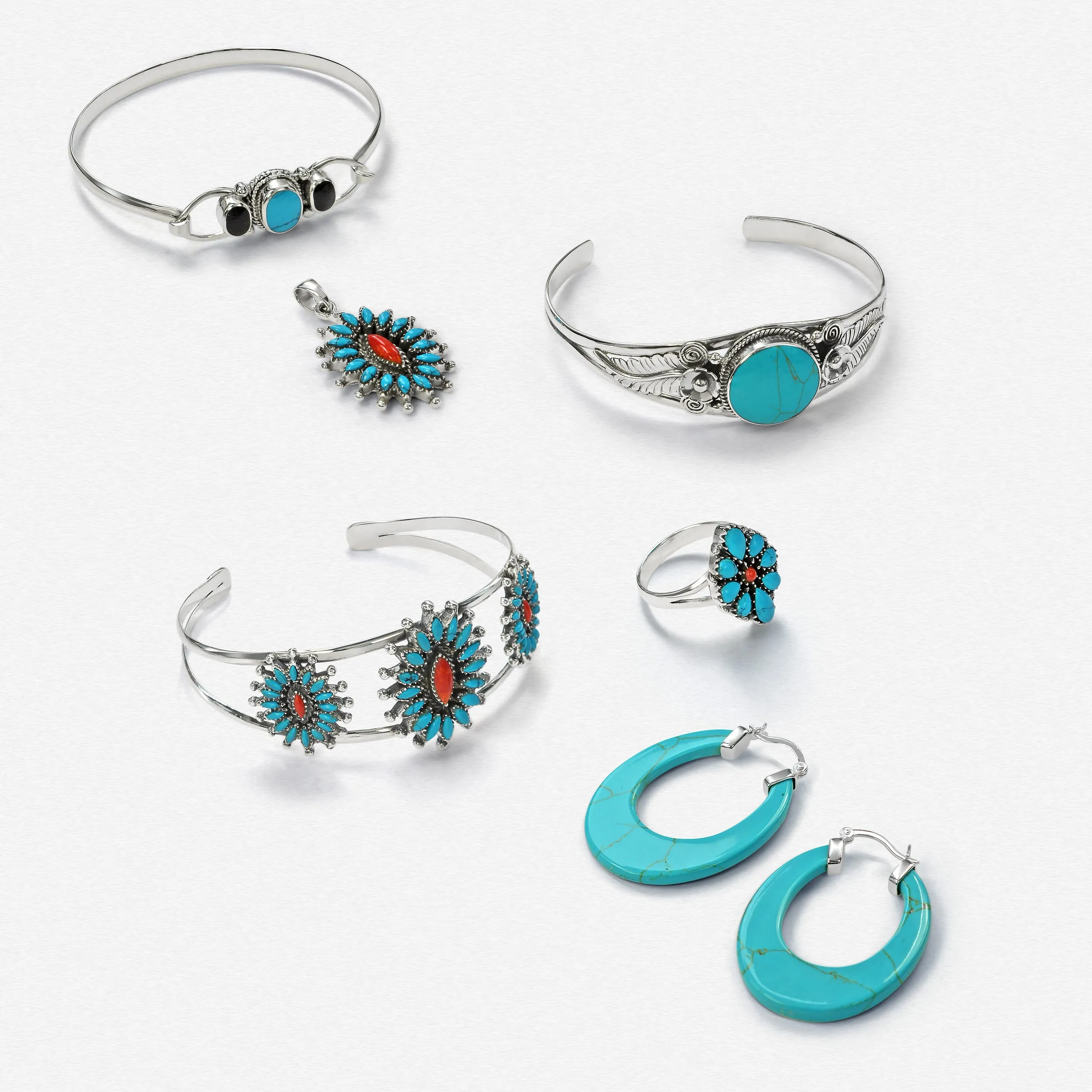 Southwestern Navajo Style Coral Turquoise Zuni Flower Cuff Bracelet Silver