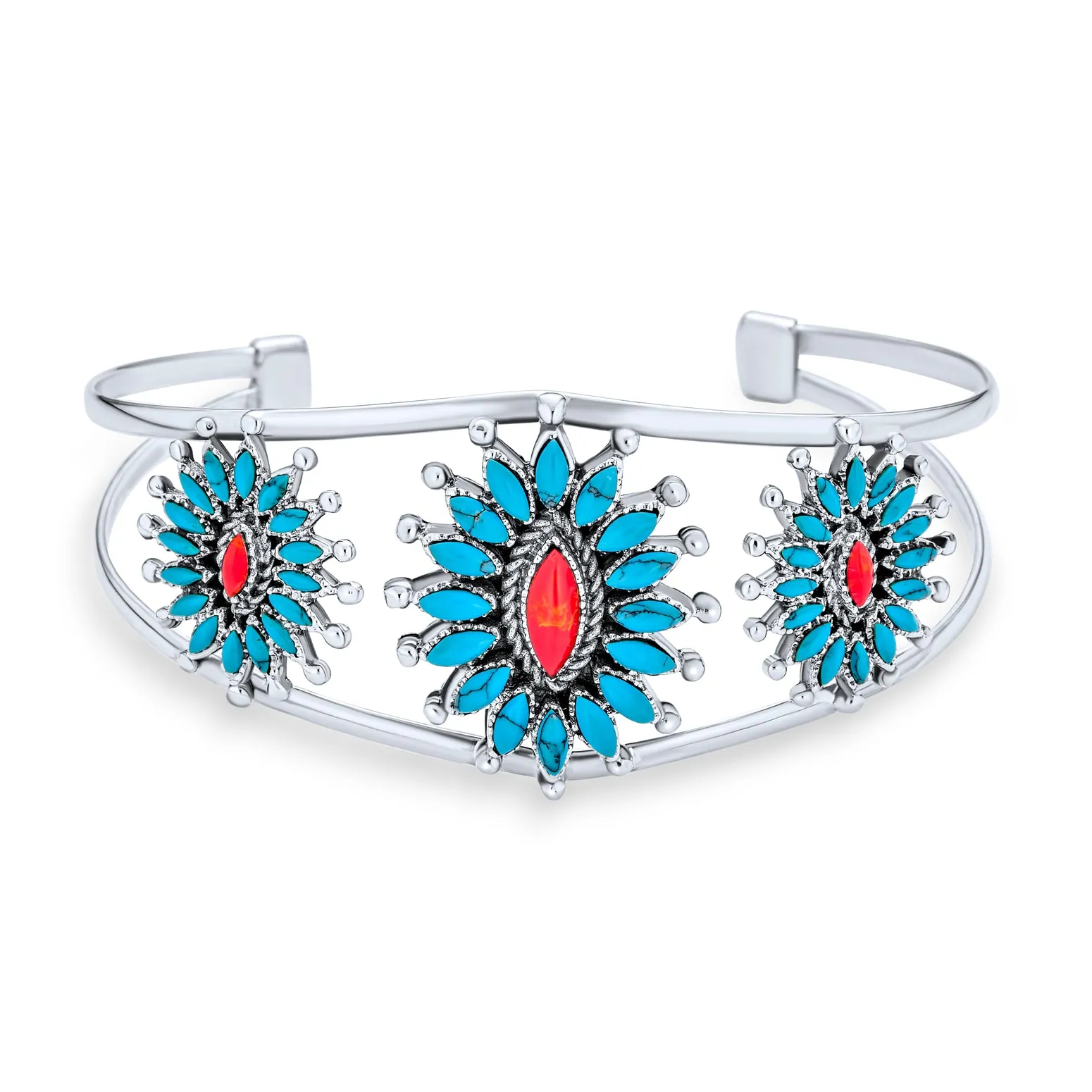 Southwestern Navajo Style Coral Turquoise Zuni Flower Cuff Bracelet Silver