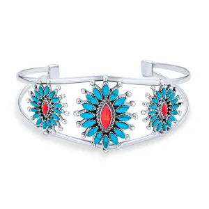 Southwestern Navajo Style Coral Turquoise Zuni Flower Cuff Bracelet Silver