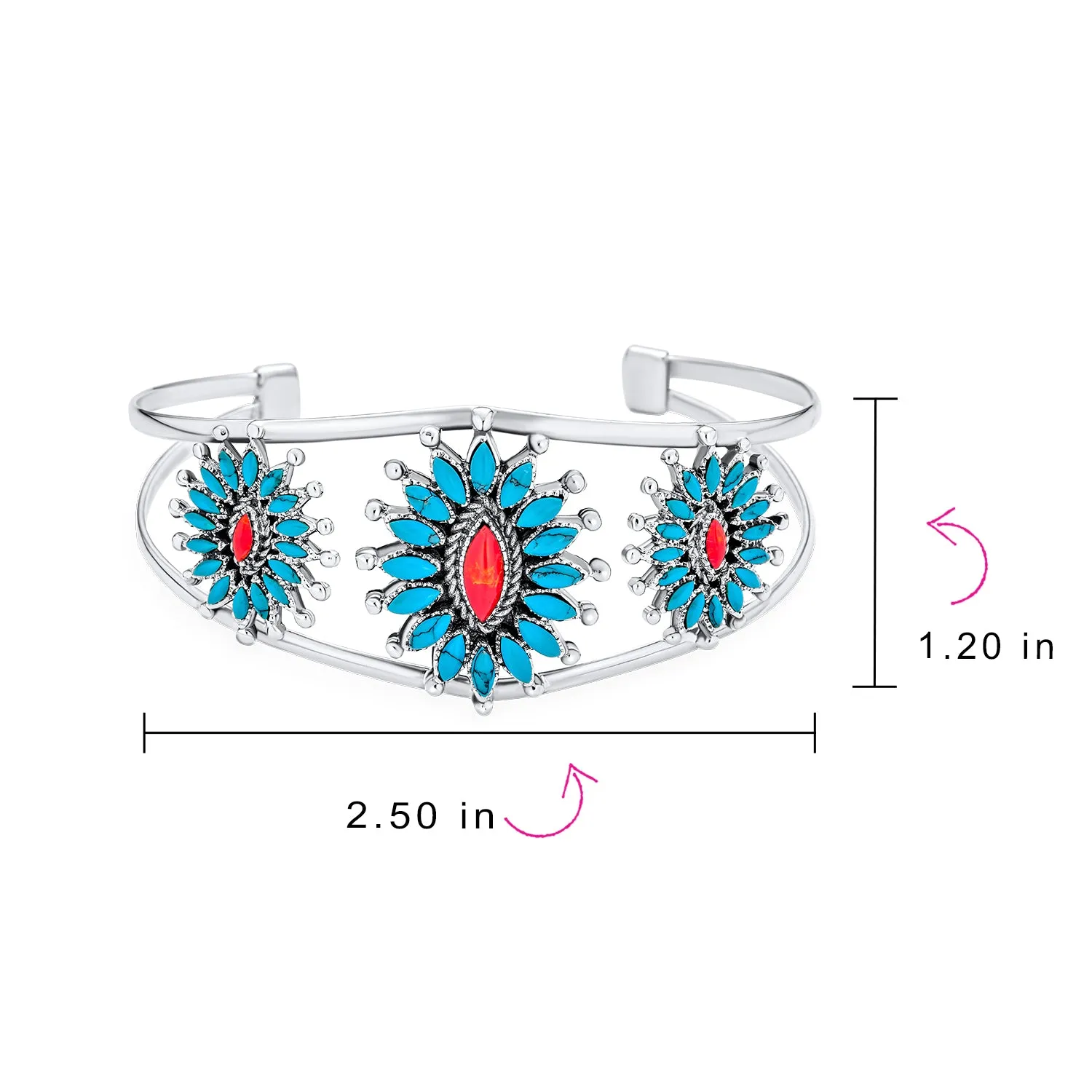 Southwestern Navajo Style Coral Turquoise Zuni Flower Cuff Bracelet Silver