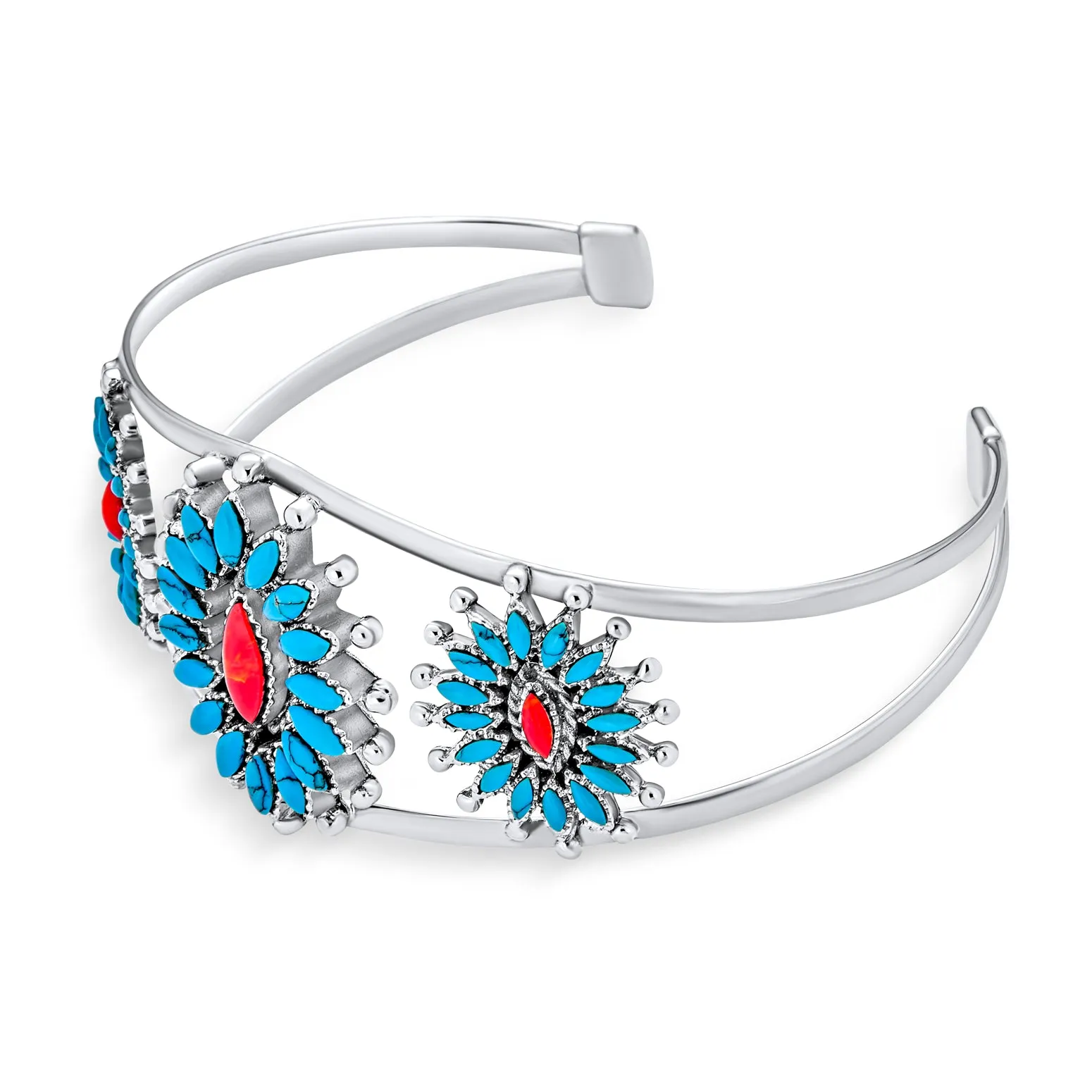 Southwestern Navajo Style Coral Turquoise Zuni Flower Cuff Bracelet Silver