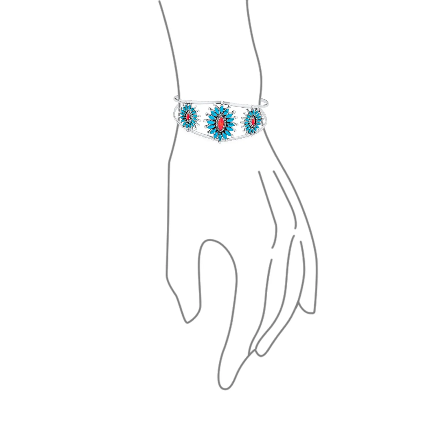 Southwestern Navajo Style Coral Turquoise Zuni Flower Cuff Bracelet Silver