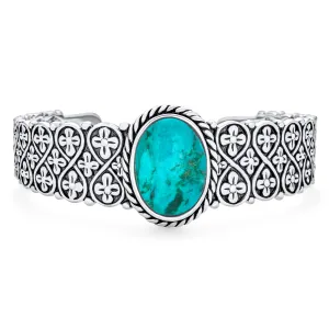 Southwestern Turquoise Gemstone Cuff Bracelet Sterling Silver Lattice Design