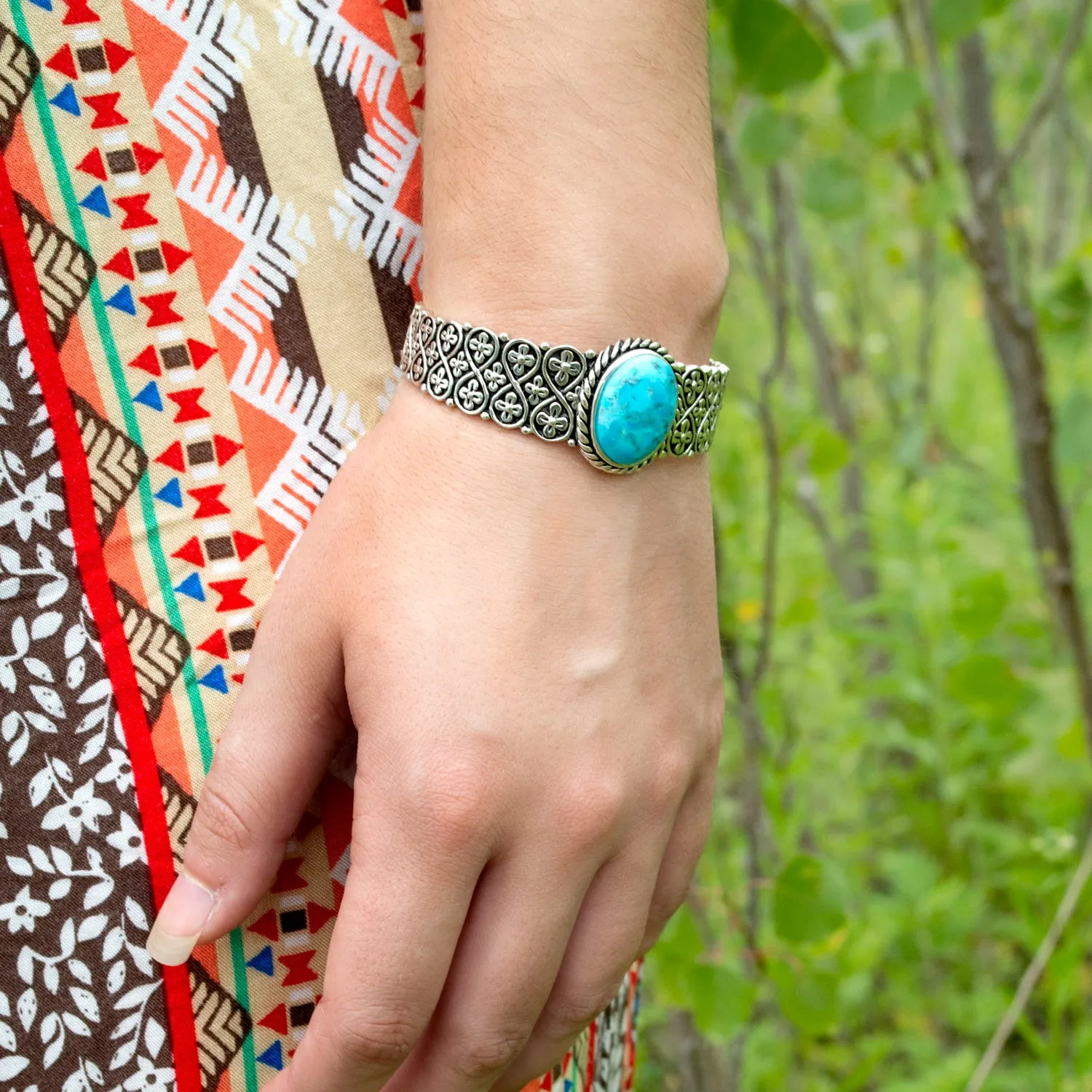 Southwestern Turquoise Gemstone Cuff Bracelet Sterling Silver Lattice Design