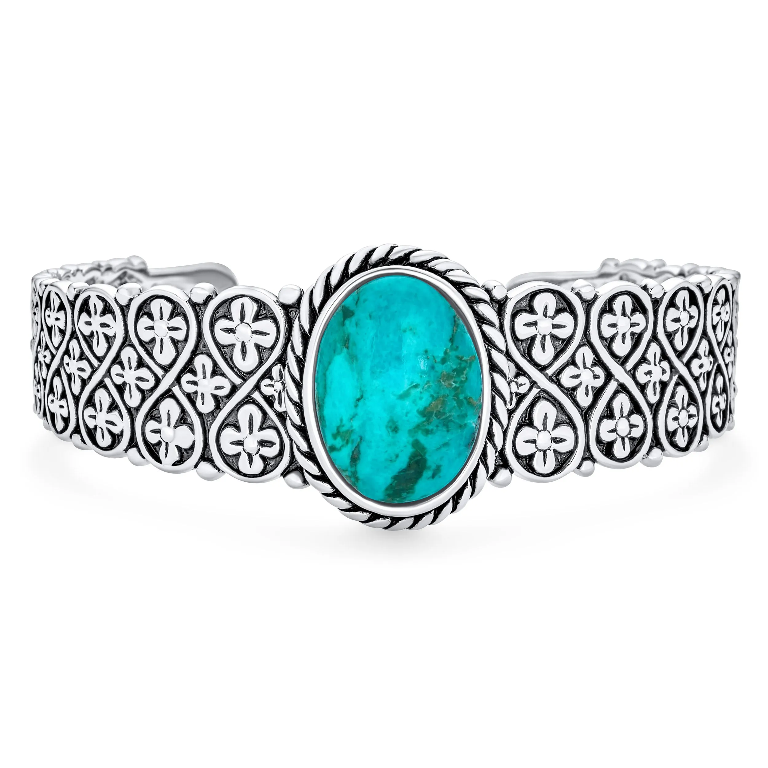 Southwestern Turquoise Gemstone Cuff Bracelet Sterling Silver Lattice Design