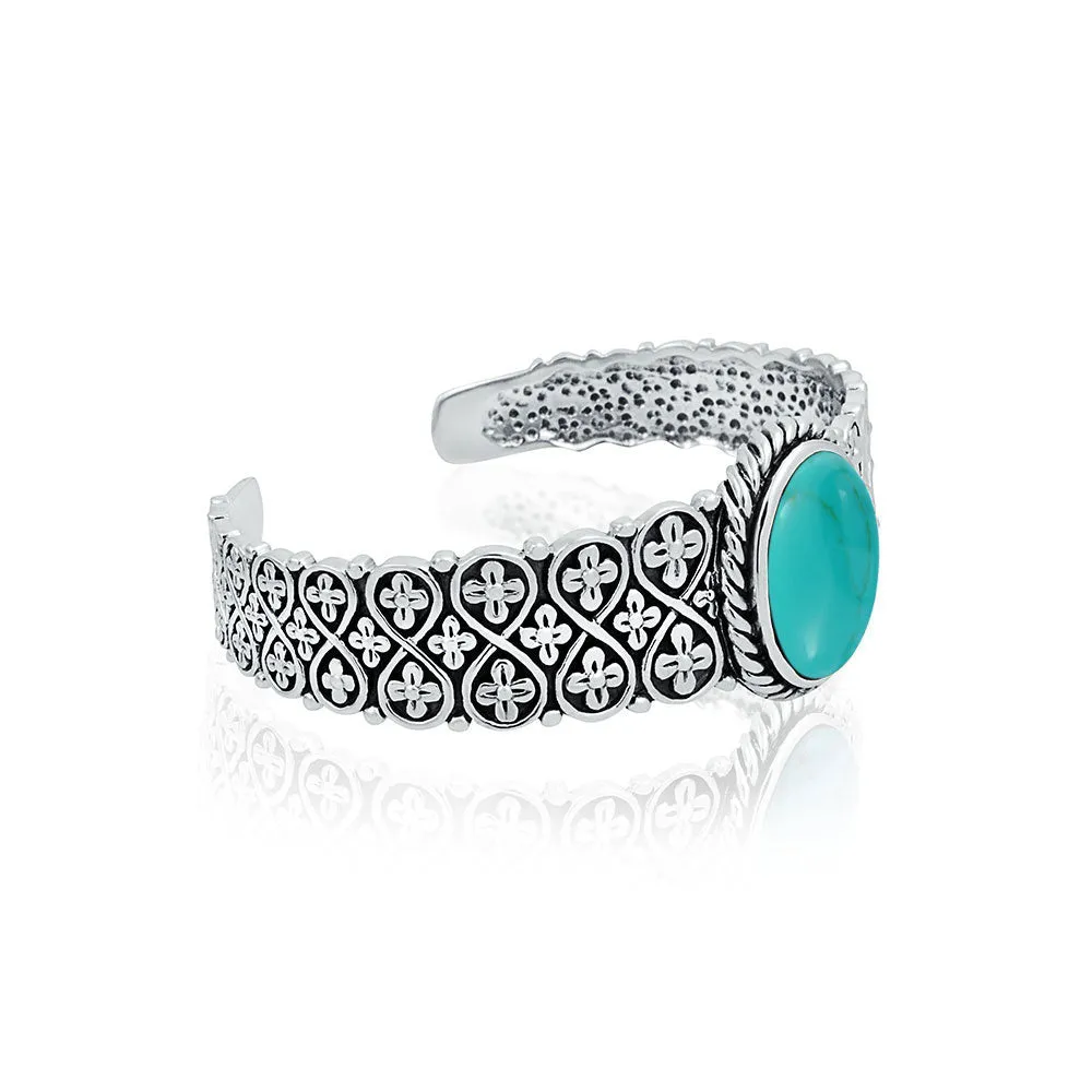 Southwestern Turquoise Gemstone Cuff Bracelet Sterling Silver Lattice Design