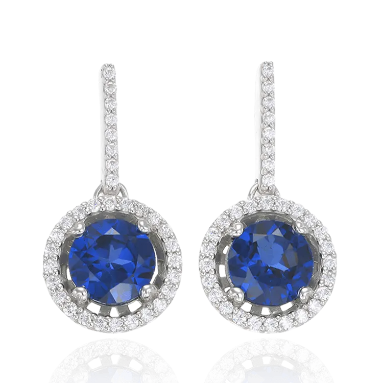 Sparkling Round Halo Blue Sapphire Earrings