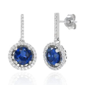 Sparkling Round Halo Blue Sapphire Earrings