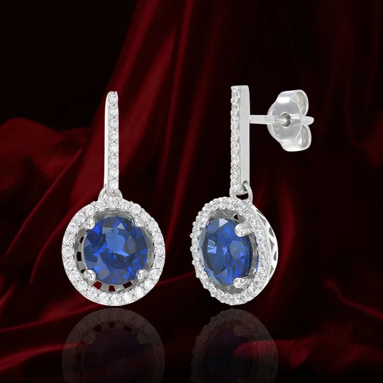 Sparkling Round Halo Blue Sapphire Earrings