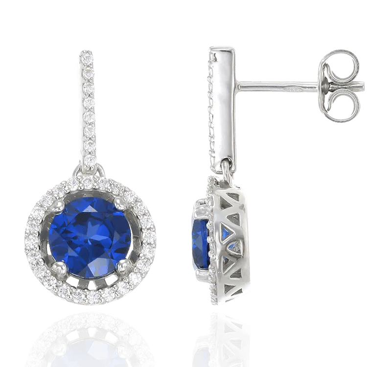 Sparkling Round Halo Blue Sapphire Earrings