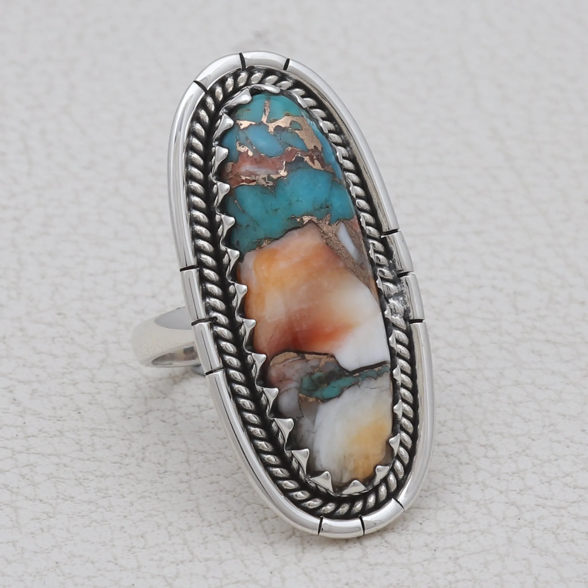 Spiny Oyster Turquoise Silver Rings