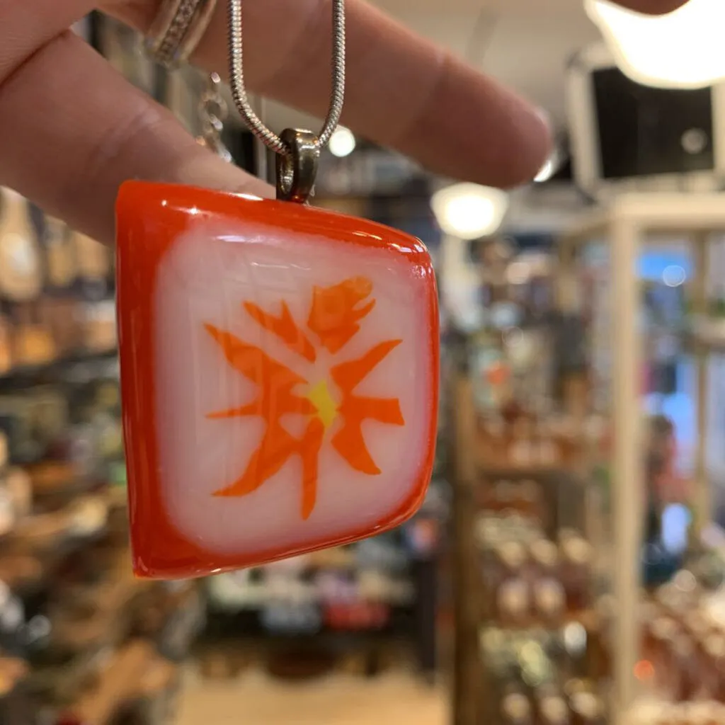 Square Orange/Sunburst Glass charm silver necklace