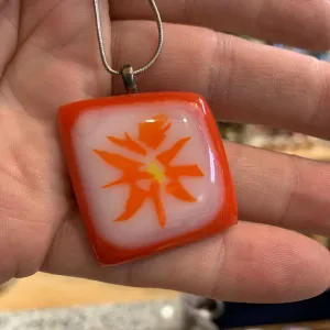 Square Orange/Sunburst Glass charm silver necklace