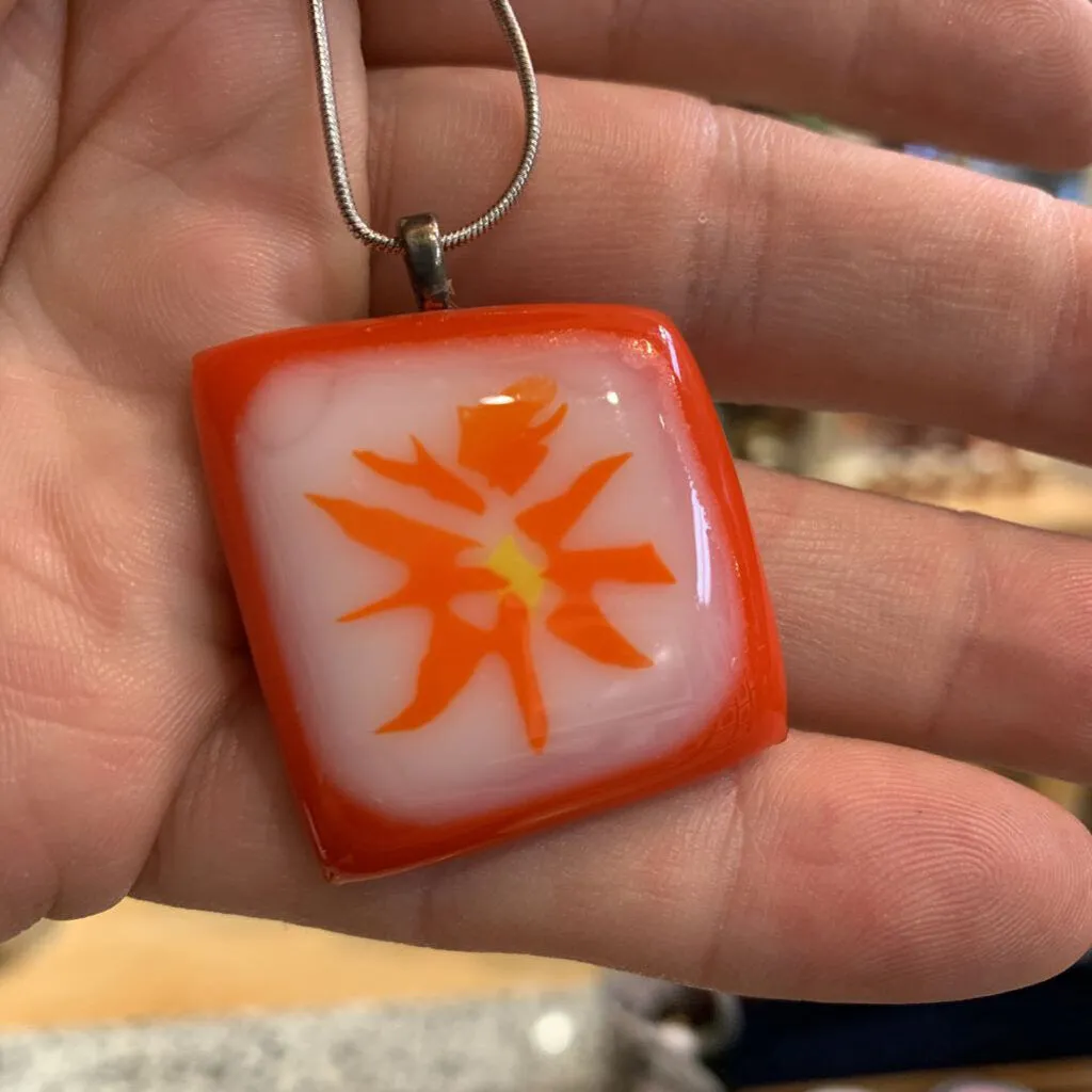 Square Orange/Sunburst Glass charm silver necklace