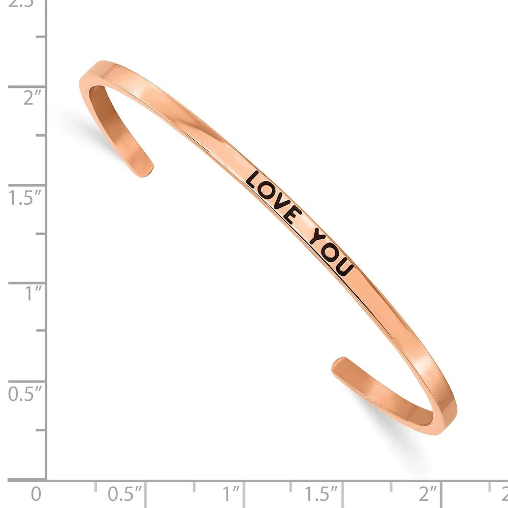 Stainless Steel Polished Rose IP Enamel/Crystal LOVE YOU 3mm Cuff Bangle