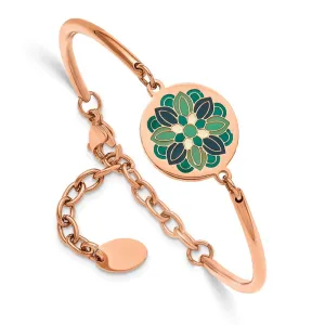 Stainless Steel Polished Rose IP w/Enamel Flower w/2in ext Bracelet
