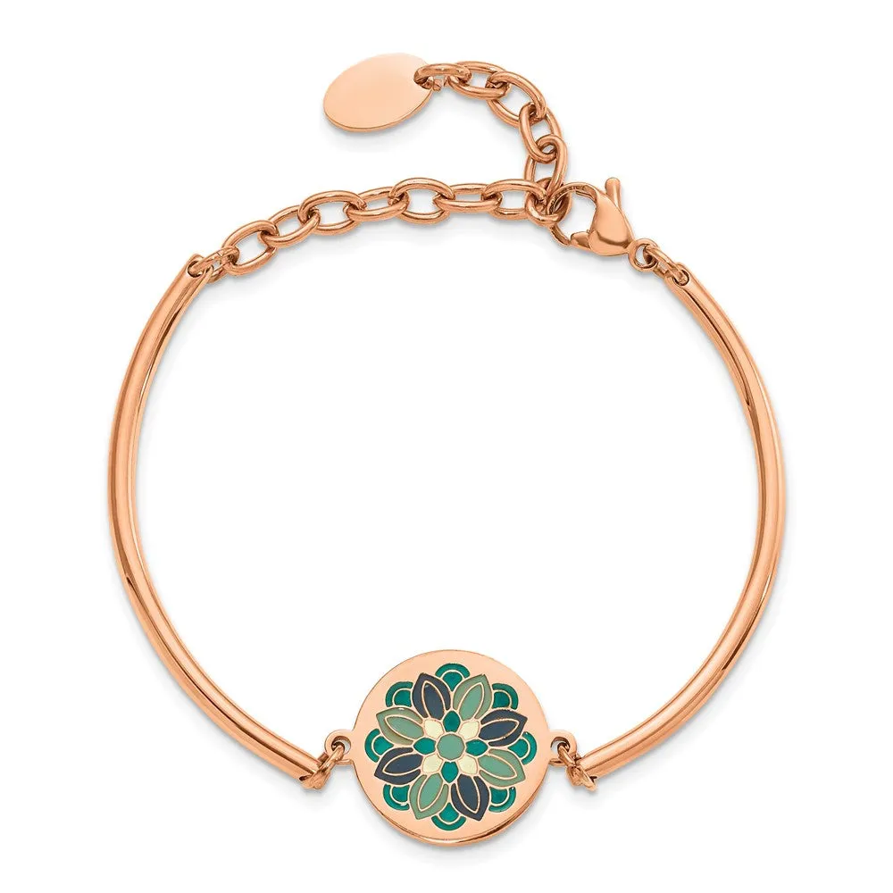 Stainless Steel Polished Rose IP w/Enamel Flower w/2in ext Bracelet