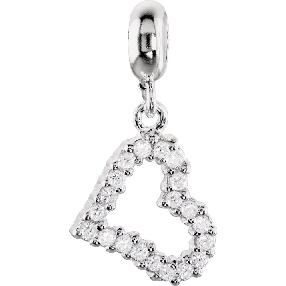 Sterling Silver 13x11.5mm Open Heart Dangle Bead with Crystals