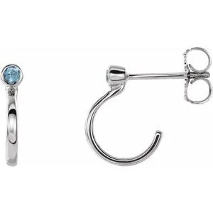 Sterling Silver 3 mm Round Blue Zircon Bezel-Set Hoop Earrings