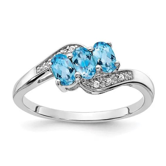 Sterling Silver 3-Stone Oval Gemstone & Diamond Birthstone Rings