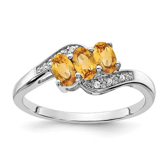 Sterling Silver 3-Stone Oval Gemstone & Diamond Birthstone Rings