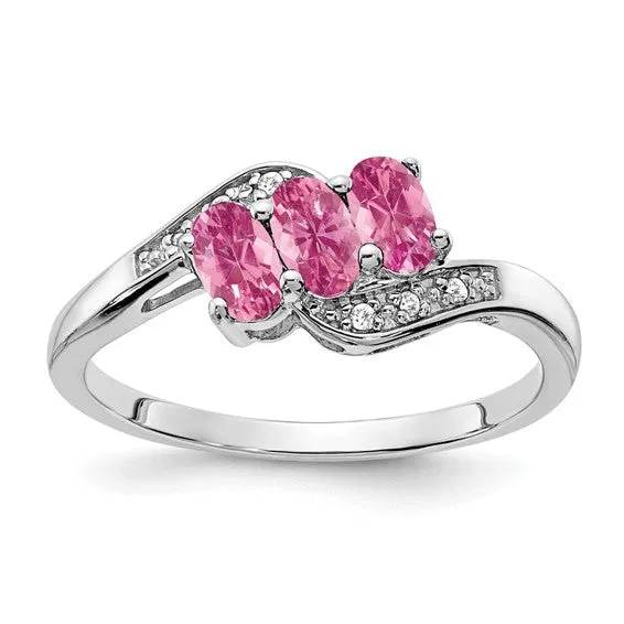 Sterling Silver 3-Stone Oval Gemstone & Diamond Birthstone Rings