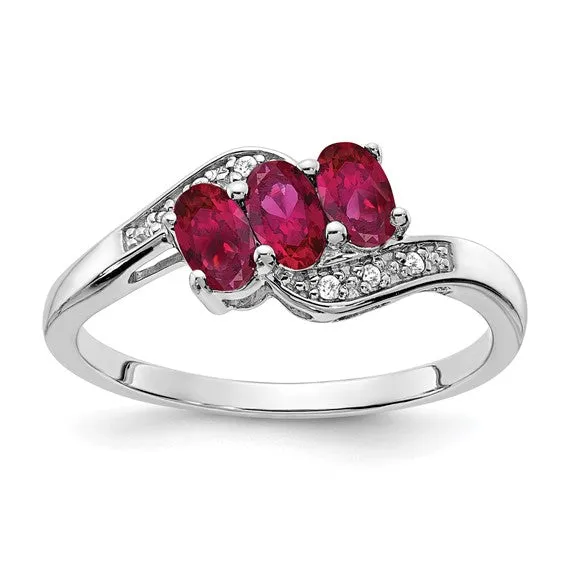 Sterling Silver 3-Stone Oval Gemstone & Diamond Birthstone Rings
