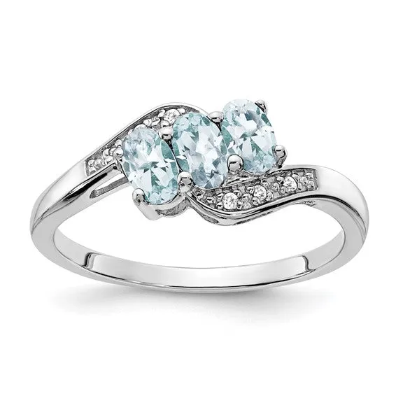 Sterling Silver 3-Stone Oval Gemstone & Diamond Birthstone Rings