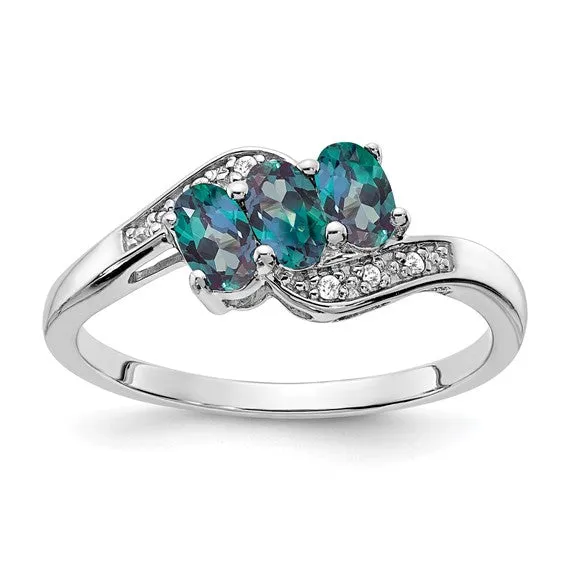 Sterling Silver 3-Stone Oval Gemstone & Diamond Birthstone Rings