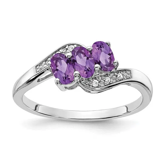 Sterling Silver 3-Stone Oval Gemstone & Diamond Birthstone Rings