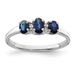 Sterling Silver 3 Stone Oval Genuine Blue Sapphire & Diamond Ring