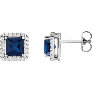 Sterling Silver 5x5 mm Lab-Grown Blue Sapphire 1/6 CTW Natural Diamond Halo-Style Earrings