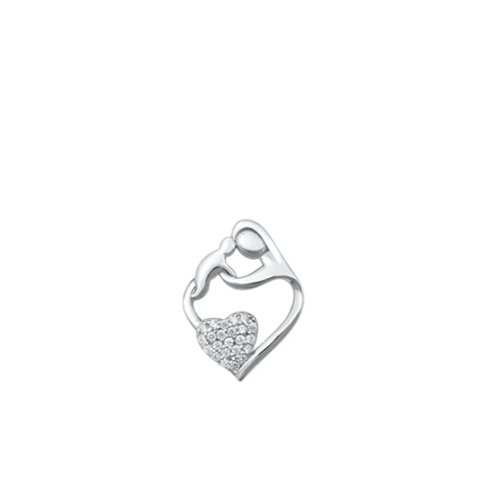 Sterling Silver Heart Clear CZ Mother & Baby Pendant Mother's Day Gift Charm