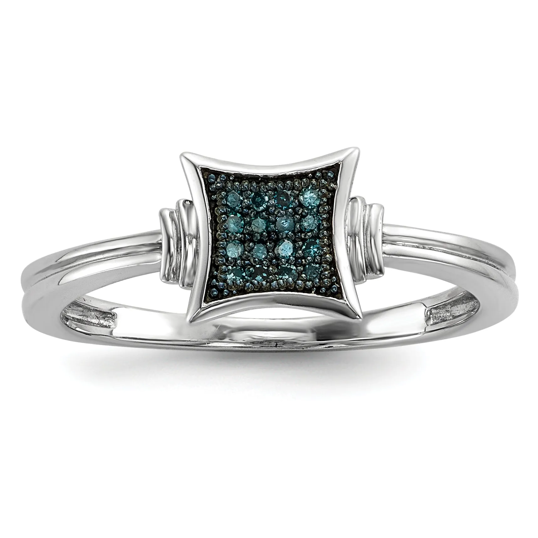 Sterling Silver With White and Blue Diamonds Square Ring