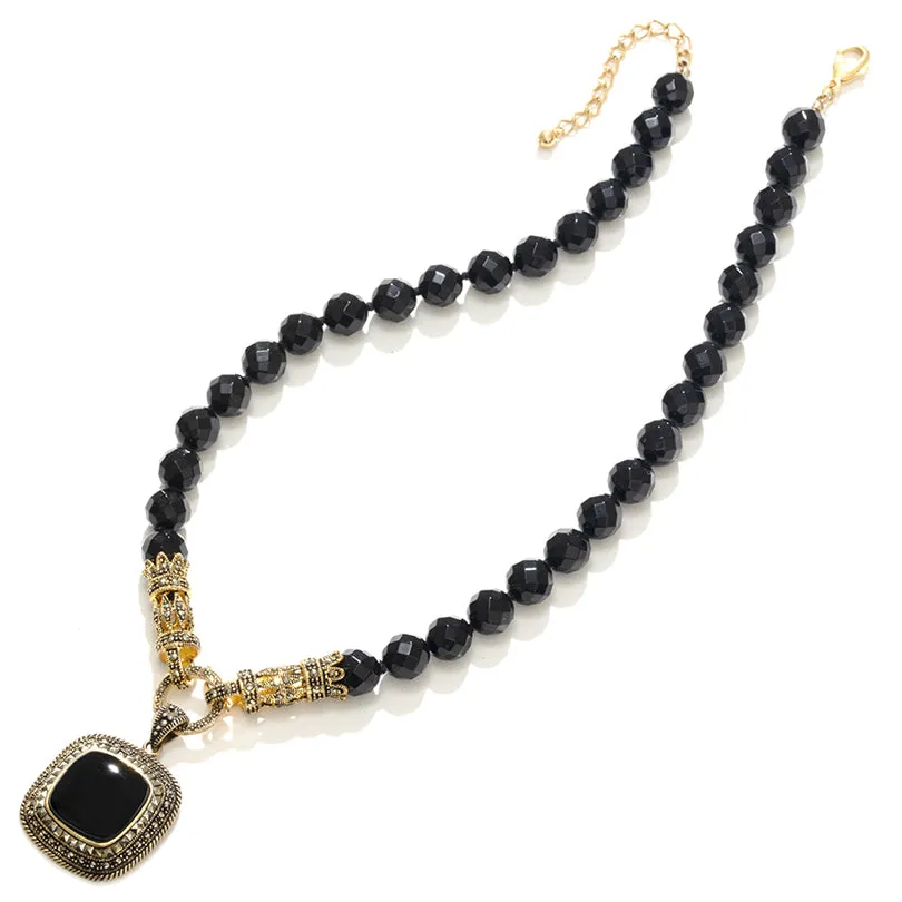 Stunning Black Onyx Art Deco 14kt Gold Plated Marcasite Statement Necklace