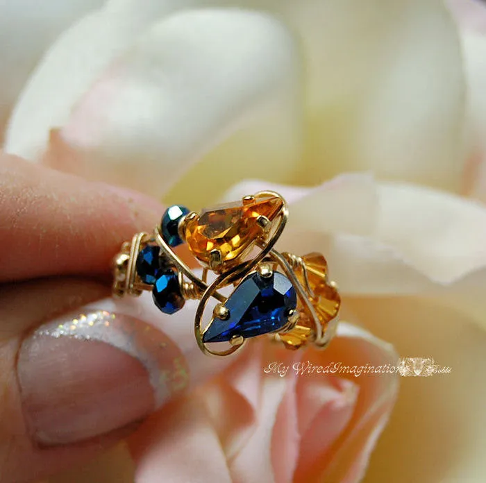 Swarovski Vintage Crystal, Handmade Ring Double Birthstone Ring 14K GF US Size 7.25