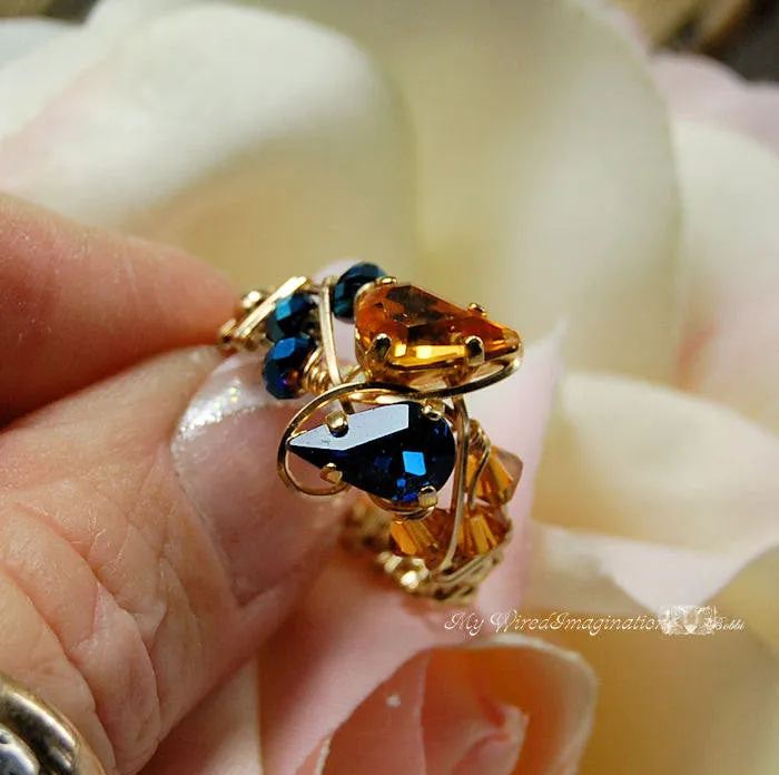Swarovski Vintage Crystal, Handmade Ring Double Birthstone Ring 14K GF US Size 7.25