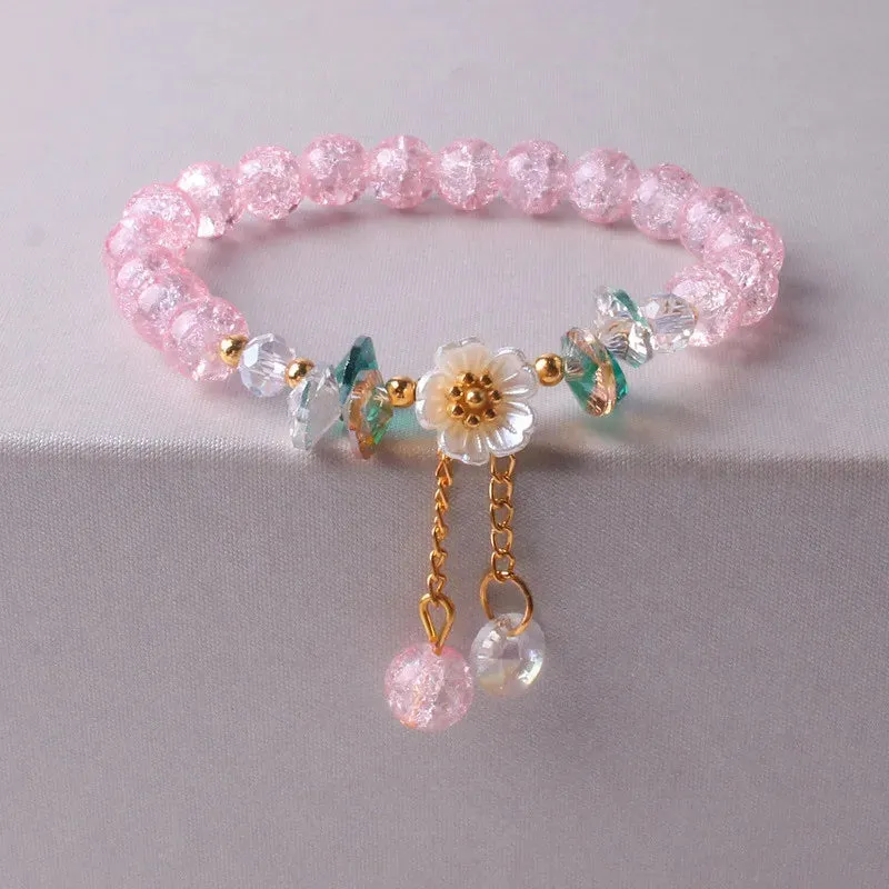 Sweet Vintage Pearl Lily Tulip Flower Bracelet for Women Fashion Korean Cute Tassel Peach Pendant Bracelets Aesthetic Jewelry