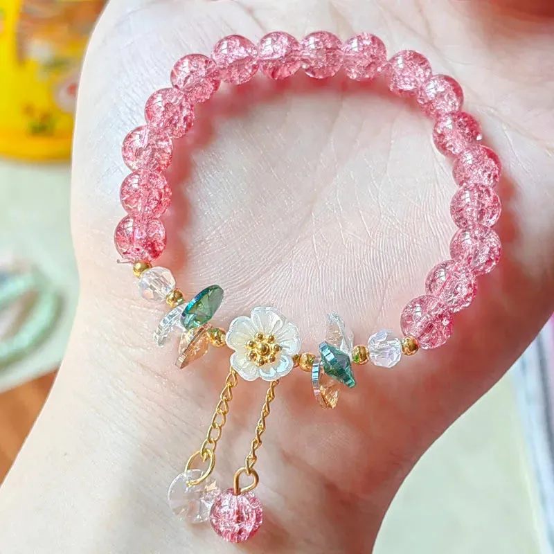 Sweet Vintage Pearl Lily Tulip Flower Bracelet for Women Fashion Korean Cute Tassel Peach Pendant Bracelets Aesthetic Jewelry