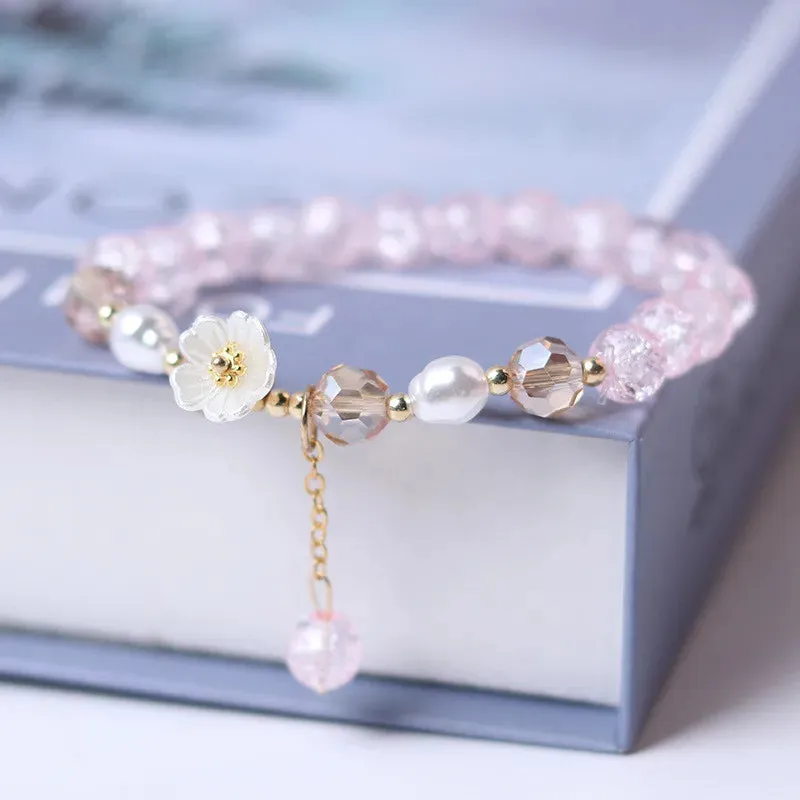 Sweet Vintage Pearl Lily Tulip Flower Bracelet for Women Fashion Korean Cute Tassel Peach Pendant Bracelets Aesthetic Jewelry