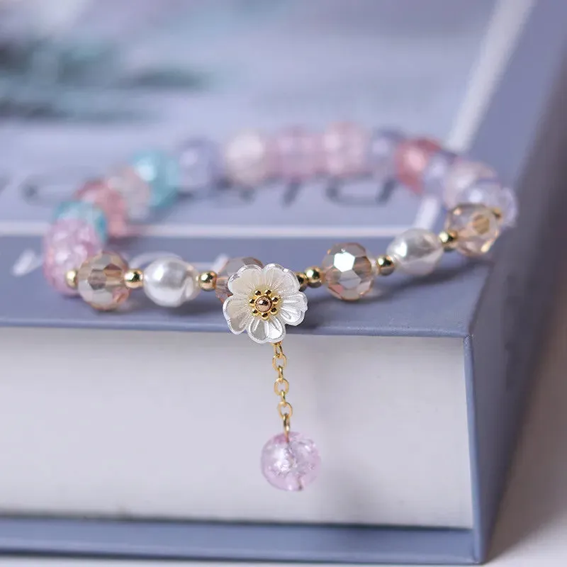 Sweet Vintage Pearl Lily Tulip Flower Bracelet for Women Fashion Korean Cute Tassel Peach Pendant Bracelets Aesthetic Jewelry