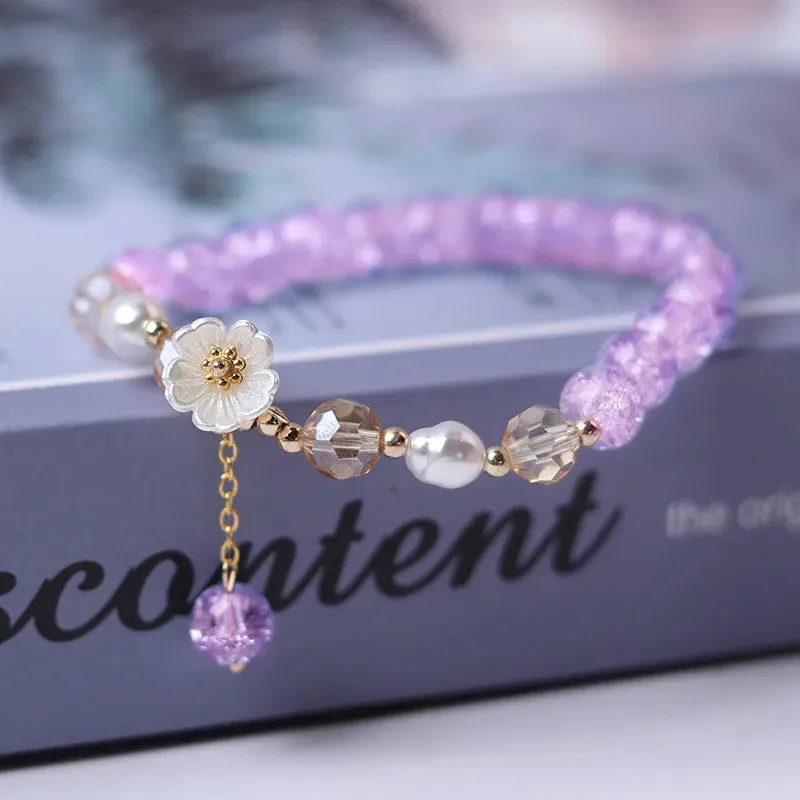 Sweet Vintage Pearl Lily Tulip Flower Bracelet for Women Fashion Korean Cute Tassel Peach Pendant Bracelets Aesthetic Jewelry