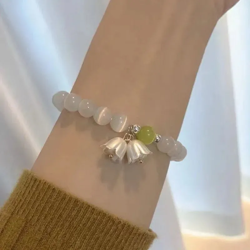Sweet Vintage Pearl Lily Tulip Flower Bracelet for Women Fashion Korean Cute Tassel Peach Pendant Bracelets Aesthetic Jewelry