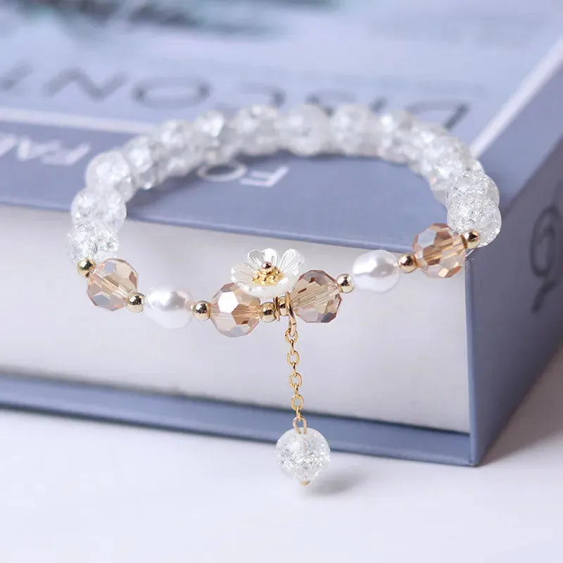 Sweet Vintage Pearl Lily Tulip Flower Bracelet for Women Fashion Korean Cute Tassel Peach Pendant Bracelets Aesthetic Jewelry