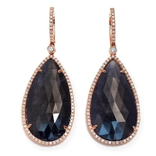 Teardrop Blue Sapphire Slice & Round Diamond Dangle Earrings, 14k Rose Gold